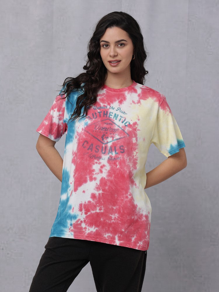 Tie & Dye Chest Print Crew Neck T-Shirt