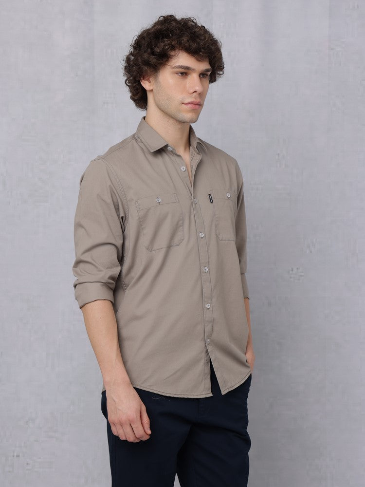 Utility Solid Shirt Pastel Brown with Double Pocket#color_pastel-brown