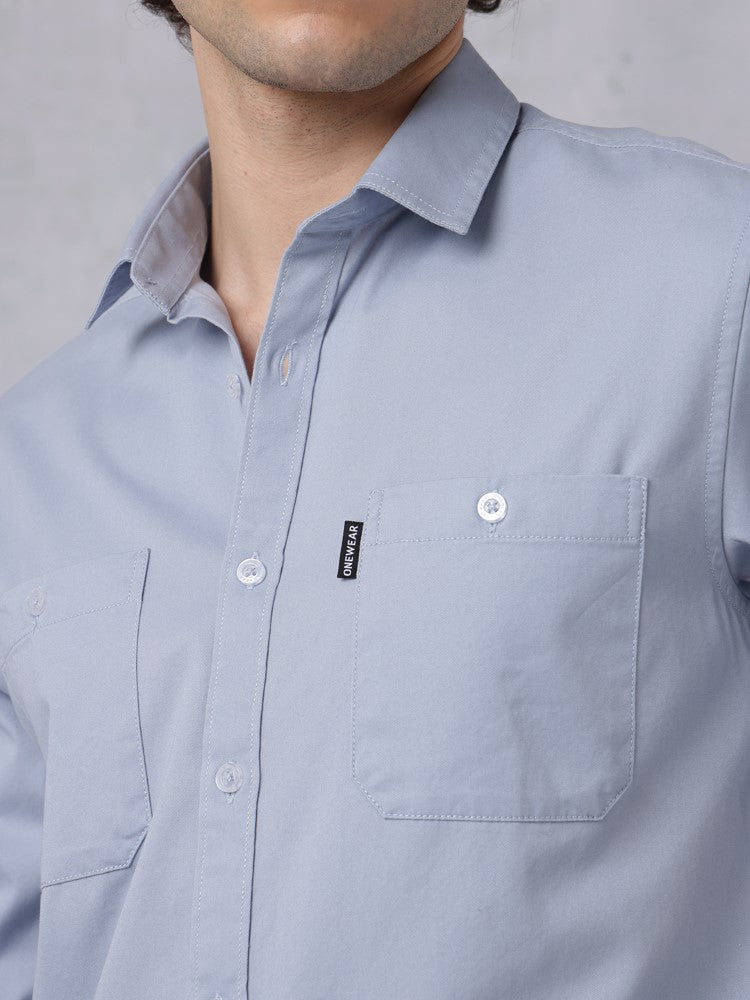 Utility Solid Shirt Pastel Blue with Double Pocket#color_pastel-blue