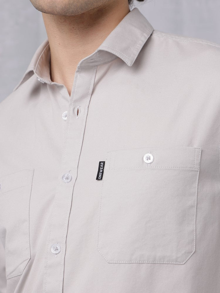 Utility Solid Shirt Pastel Greywith Double Pocket#color_pastel-grey