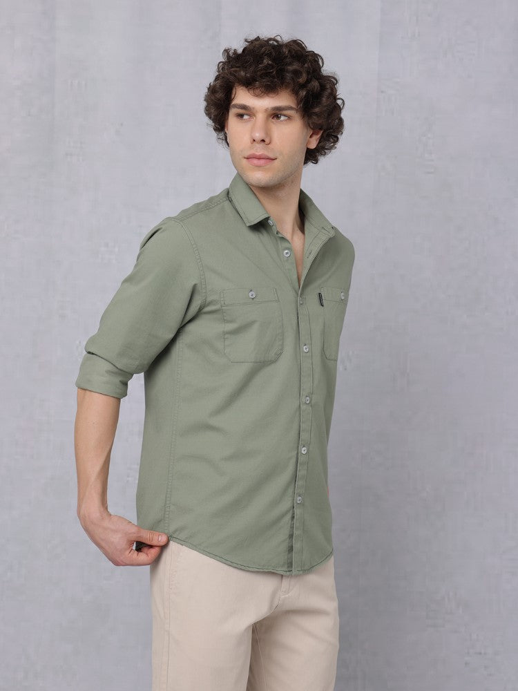 Utility Solid Shirt Pastel Oilve with Double Pocket#color_pastel-oilve