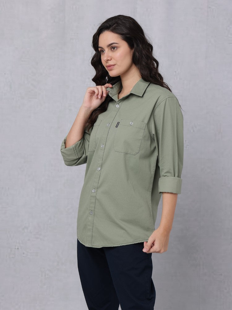 Utility Solid Shirt Pastel Oilve with Double Pocket#color_pastel-oilve