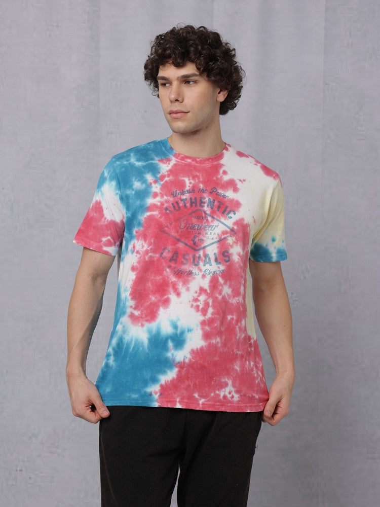 Tie & Dye Chest Print Crew Neck T-Shirt