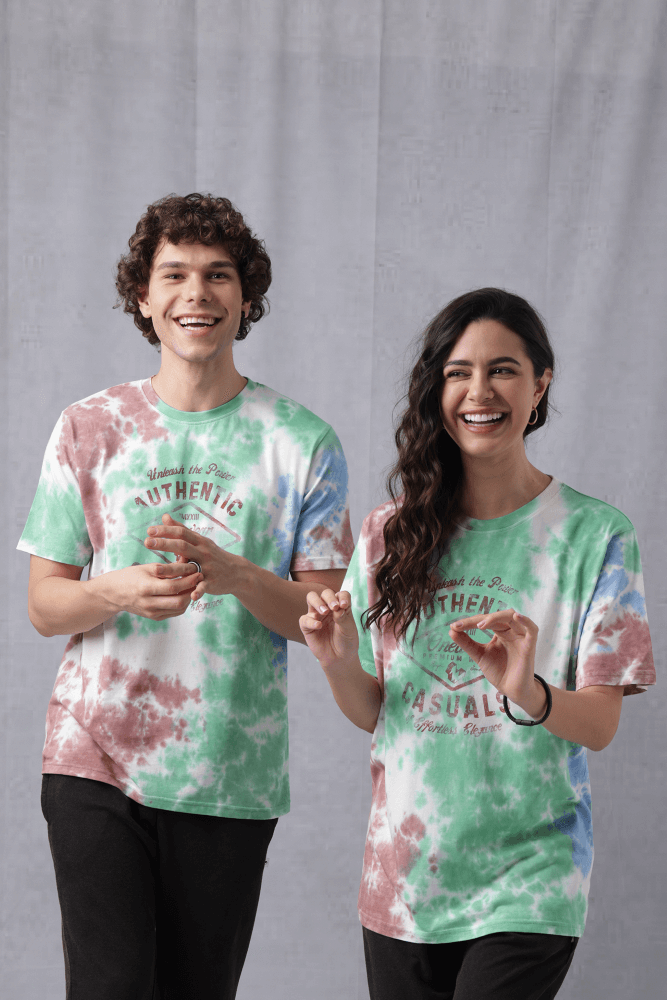 Tie & Dye Chest Print Crew Neck T-Shirt Light Green/ Light Brown