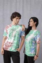 Tie & Dye Chest Print Crew Neck T-Shirt Light Green/ Light Brown