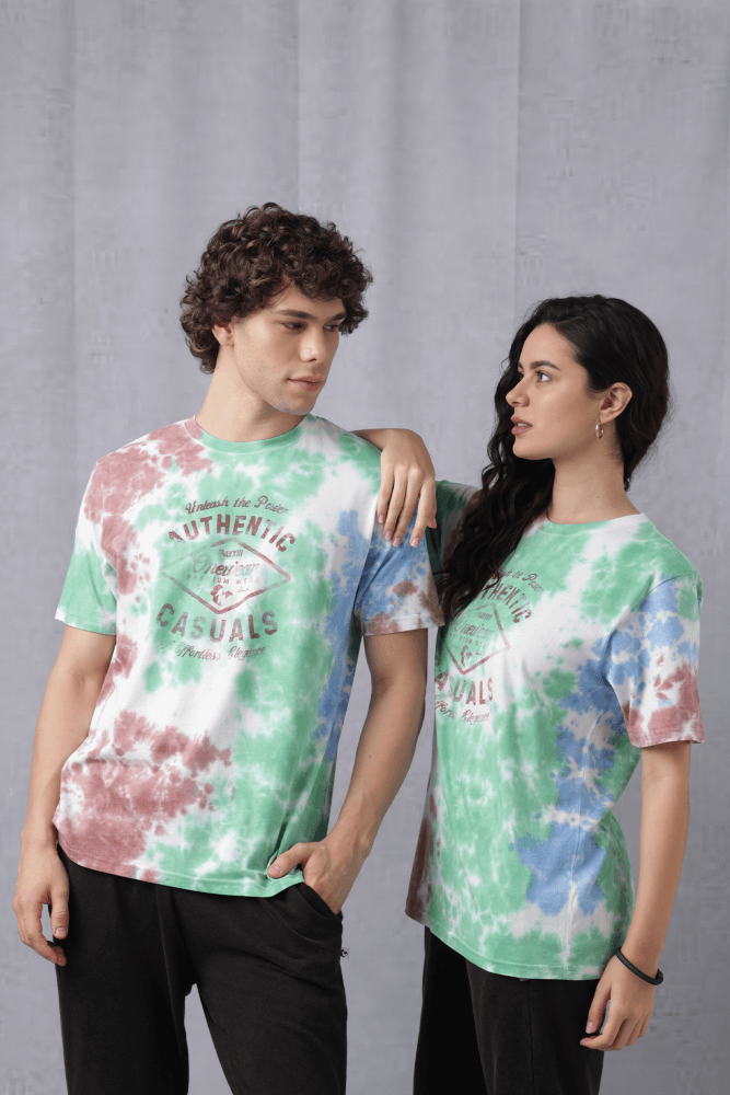 Tie & Dye Chest Print Crew Neck T-Shirt Light Green/ Light Brown