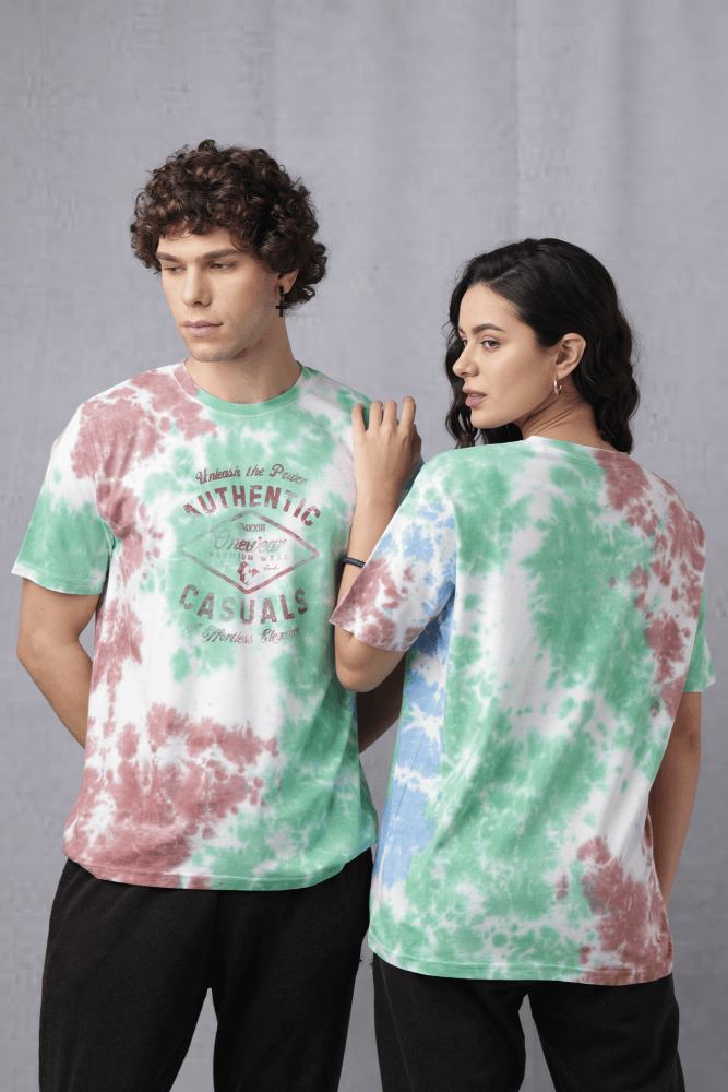 Tie & Dye Chest Print Crew Neck T-Shirt Light Green/ Light Brown