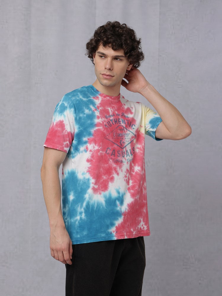 Tie & Dye Chest Print Crew Neck T-Shirt