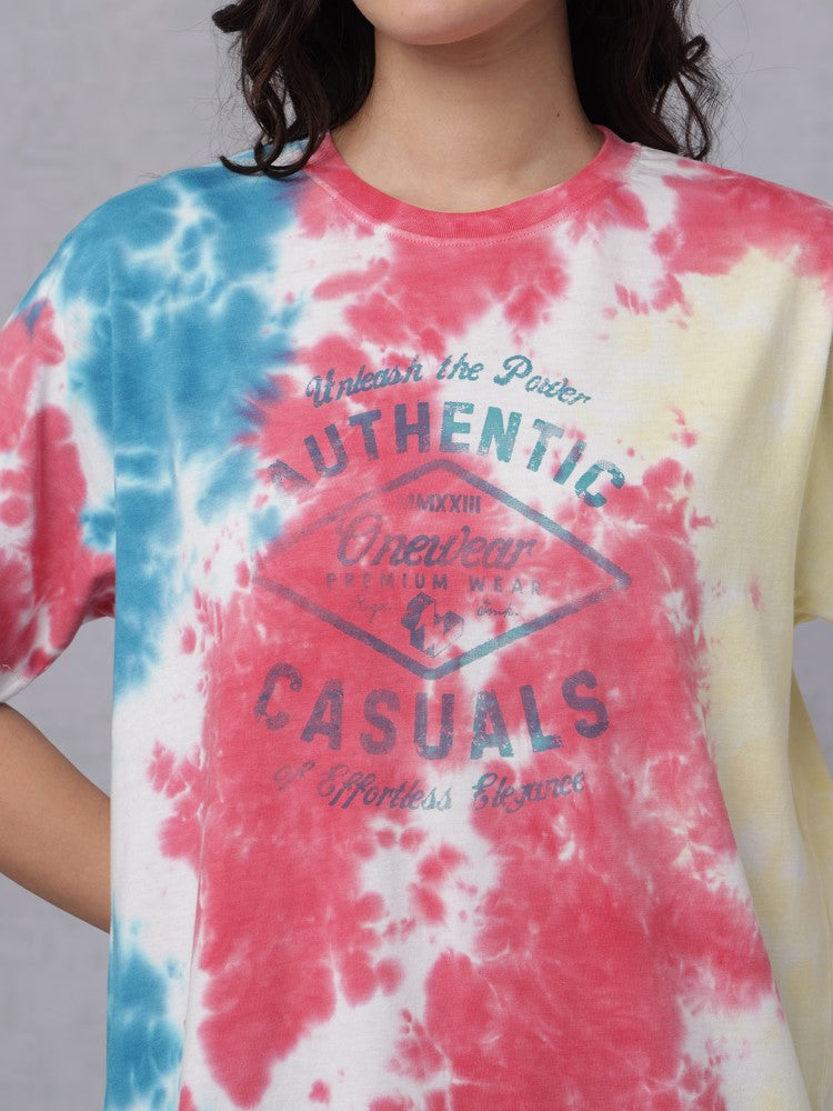 Tie & Dye Chest Print Crew Neck T-Shirt