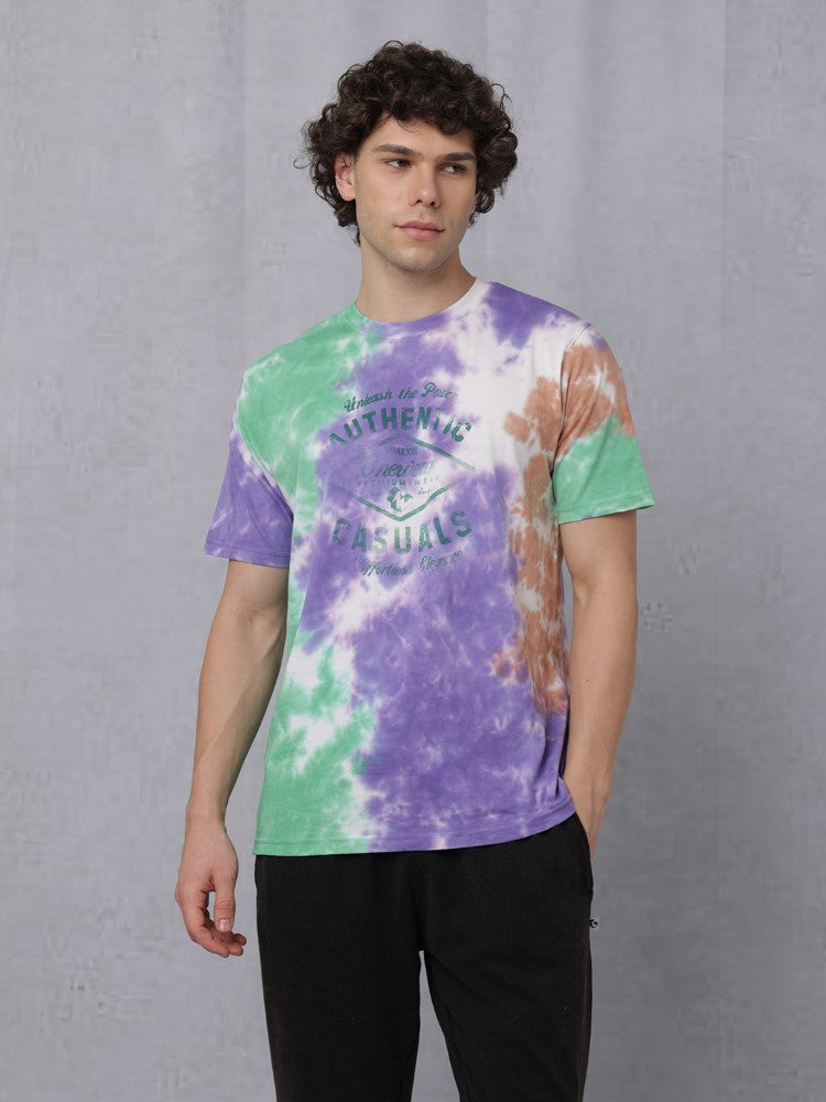 Tie & Dye Chest Print Crew Neck T-Shirt