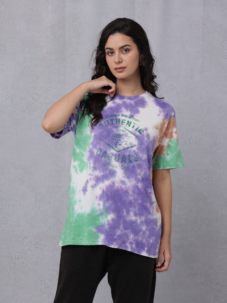 Tie & Dye Chest Print Crew Neck T-Shirt