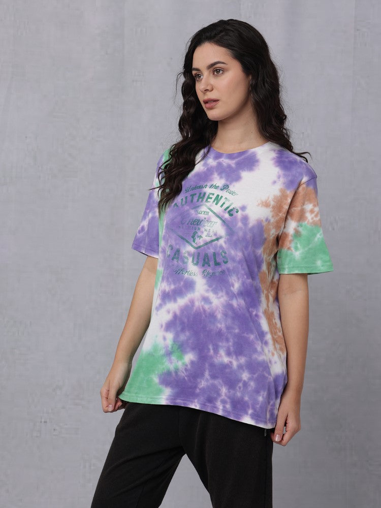Tie & Dye Chest Print Crew Neck T-Shirt