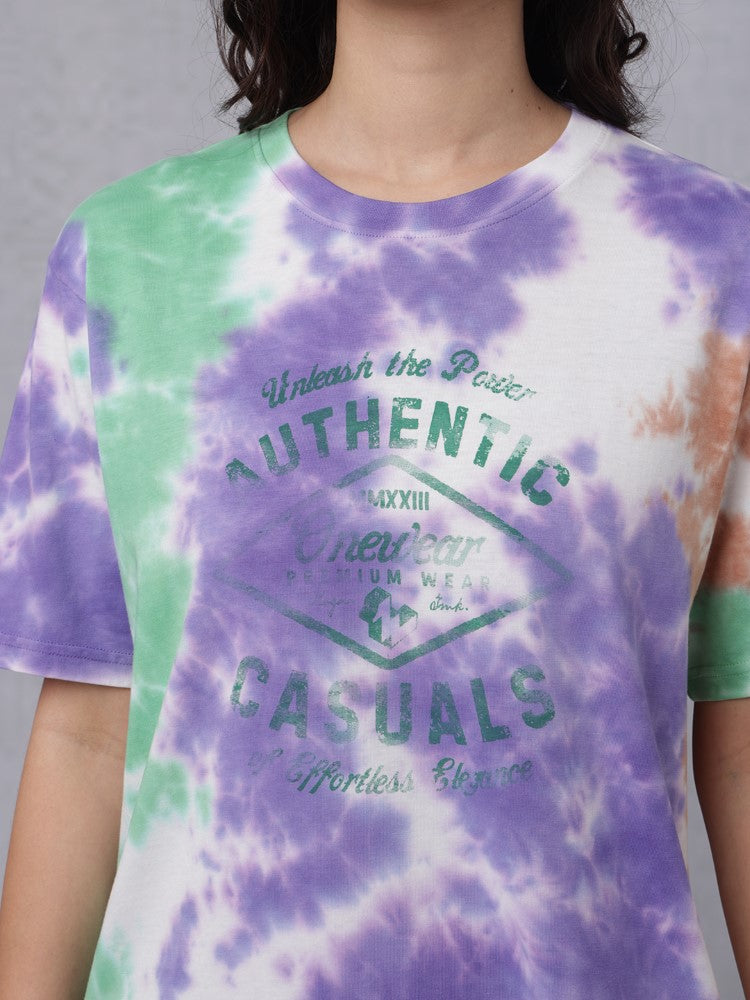 Tie & Dye Chest Print Crew Neck T-Shirt