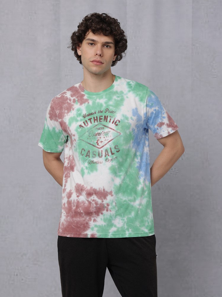 Tie & Dye Chest Print Crew Neck T-Shirt