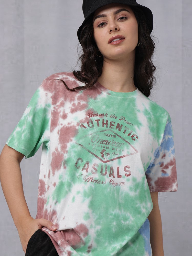 Tie & Dye Chest Print Crew Neck T-Shirt