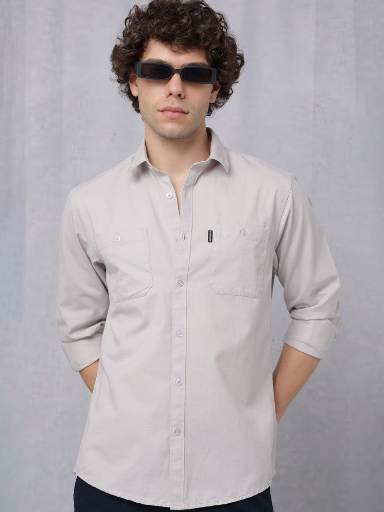 Utility Solid Shirt Pastel Greywith Double Pocket#color_pastel-grey