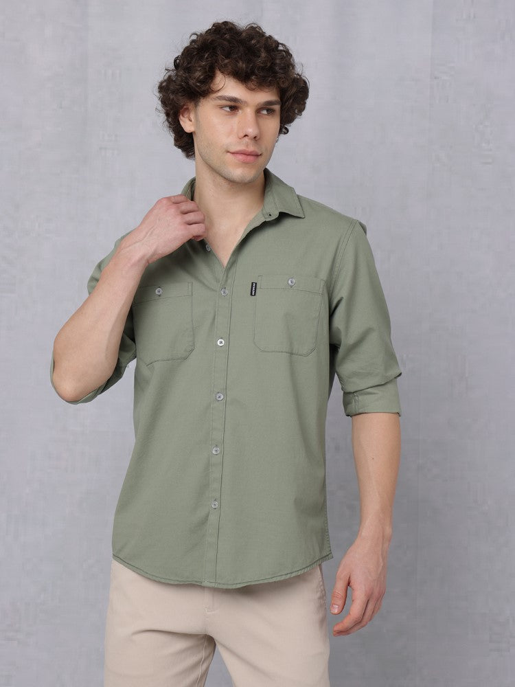 Utility Solid Shirt Pastel Oilve with Double Pocket#color_pastel-oilve