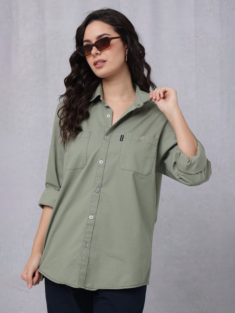 Utility Solid Shirt Pastel Oilve with Double Pocket#color_pastel-oilve